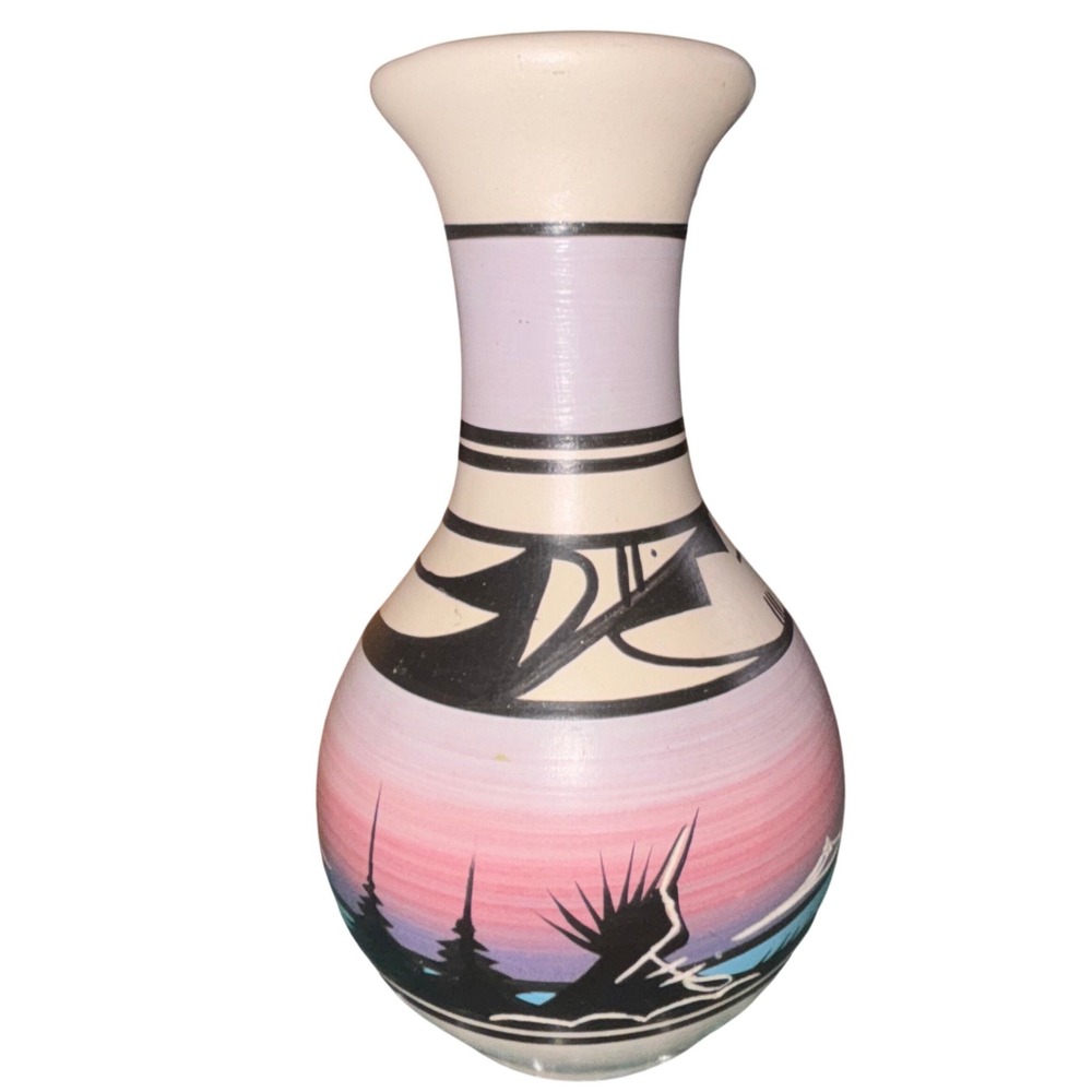 Hand Painted Southwestern Style Ceramic Vase Desert Landscape Scene